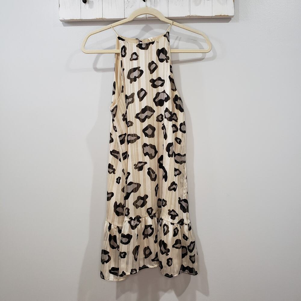 Tyche Leopard Print Sleeveless Ruffle Dress Small Beige Black EUC